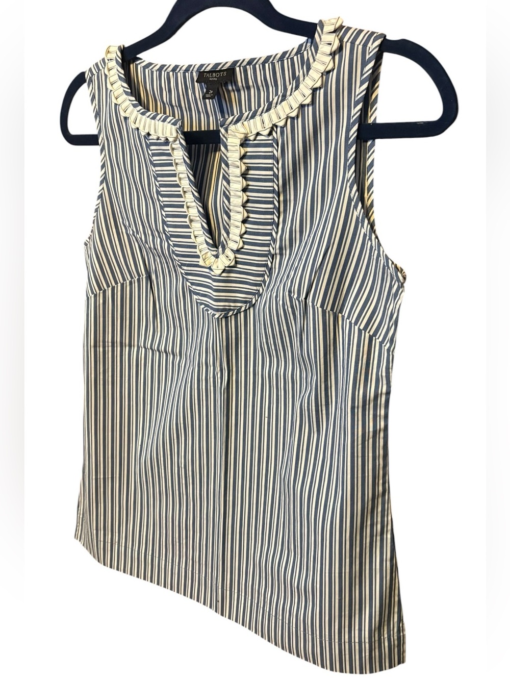 Talbots Petite Blue White Stripe Ruffle Sleeveless Top Coastal Preppy 2P - Picture 3 of 7